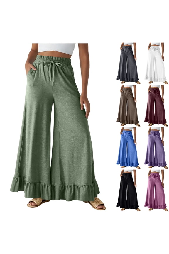Women's Wide Leg Pants with Pockets High Waisted Drawstring Ruffle Hem Palazzo Pants Casual Flowy Lounge Pants for Beach Vacation, White