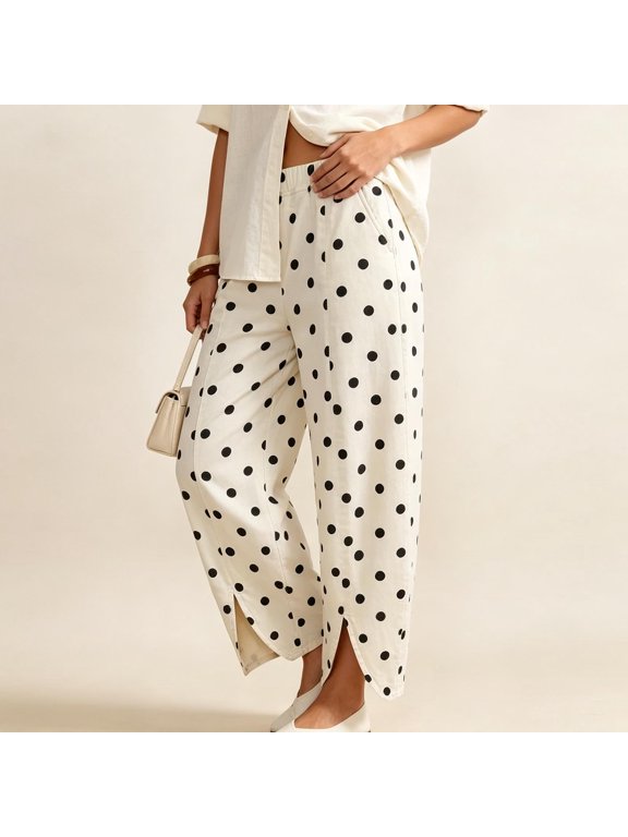 Women's Wide Leg Polka Dot Pants Elastic Waist Casual Loose Fit Trousers with Pockets Split Hem
