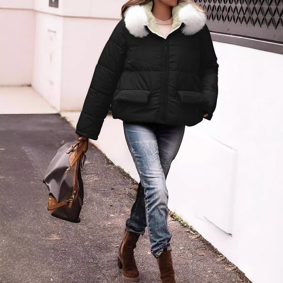 SwiftWear Women's Winter Coat Plus Size Hooded Jacket with Detachable Fur, Fleece Lined Puffer Coat with Pockets​​, Black