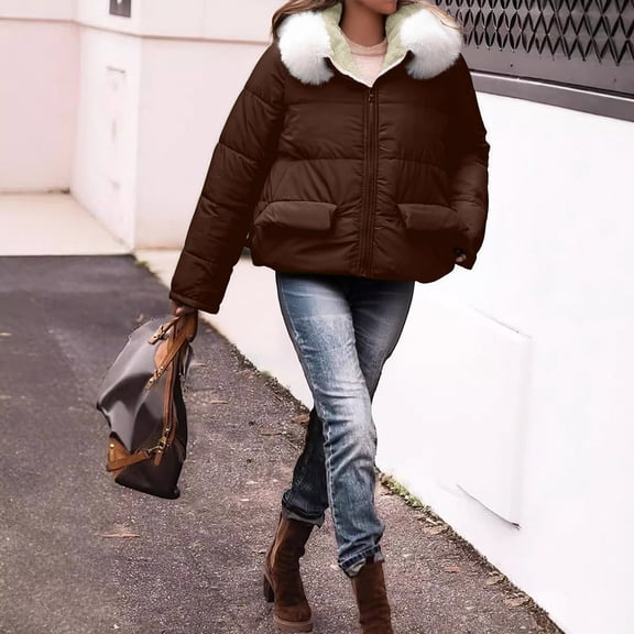 SwiftWear Women's Winter Coat Plus Size Hooded Jacket with Detachable Fur, Fleece Lined Puffer Coat with Pockets​​, Coffee
