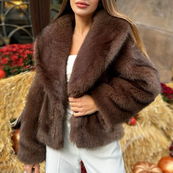 SwiftWear Women's Winter Faux Fur Cropped Jacket Plus Size Lapel Open Front Shaggy Furry Plush Coat Casual Loose Fit Outerwear​, Brown