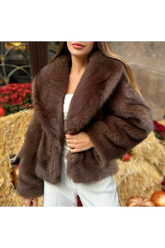Women's Winter Faux Fur Cropped Jacket Plus Size Lapel Open Front Shaggy Furry Plush Coat Casual Loose Fit Outerwear​, Brown