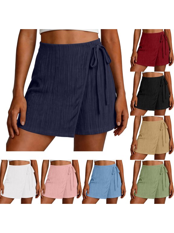 Women's Wrap Front Skort Shorts Drawstring Knot Side Pockets Casual High Waisted Comfy Summer Skorts