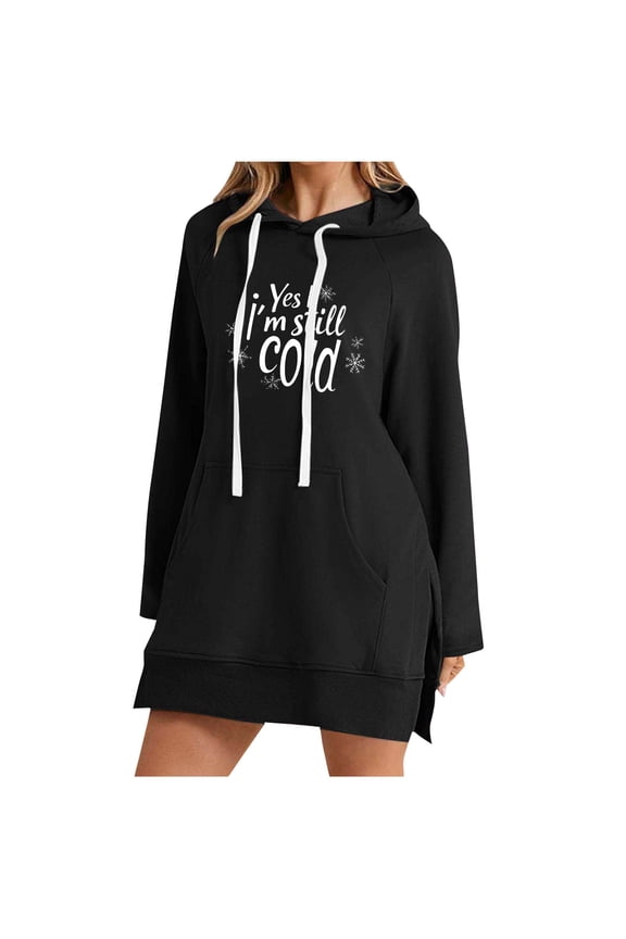 Women's "Yes I'm Still Cold" Print Long Hoodie Long Sleeve Hooded Sweatshirt Pullover with Drawstring Hood, Soft Casual Tops Pocket Black