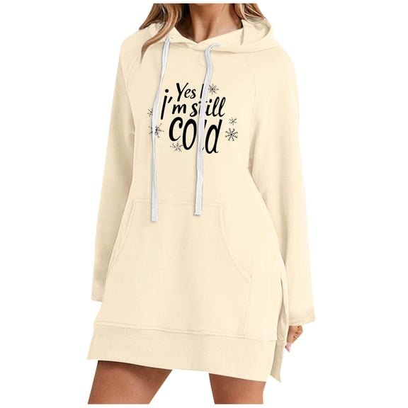 SwiftWear Women's "Yes I'm Still Cold" Print Long Hoodie Long Sleeve Hooded Sweatshirt Pullover with Drawstring Hood, Soft Casual Tops Pocket Khaki