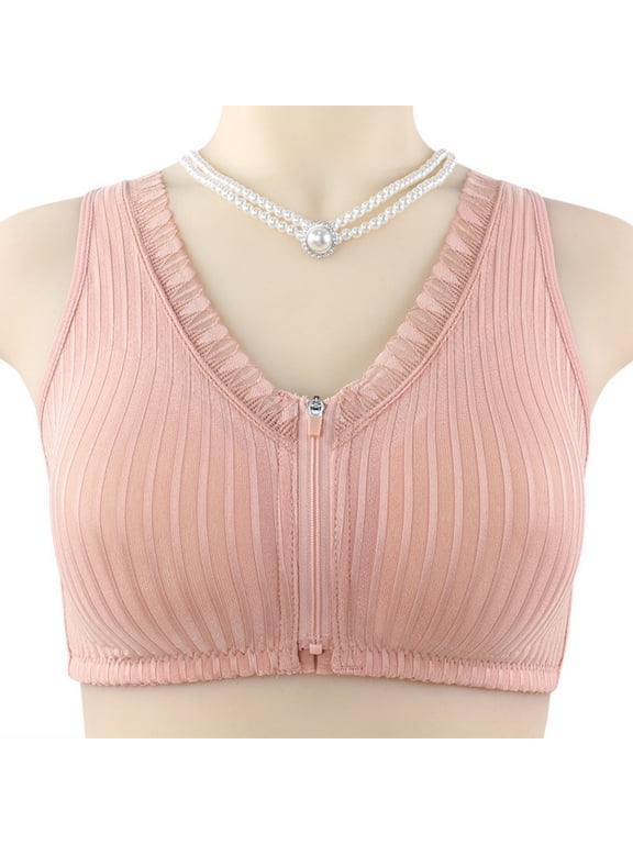 Women's Zipper Front Closure Bra Plus Size Wireless Fixed Cup Lightly Lined Bra Wide Elastic Band for Daily Comfort