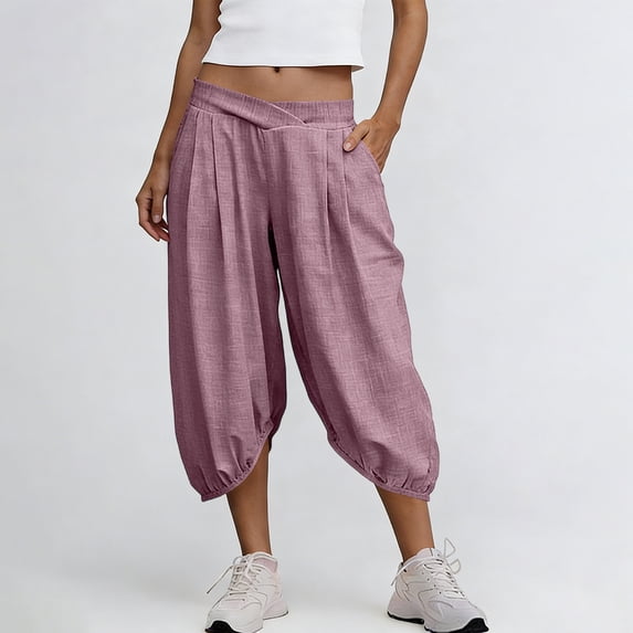 SwiftWear Womens Baggy Wide Leg Capris Cotton Linen Elastic Waisted Harem Capri Pants with Pockets Casual Trousers