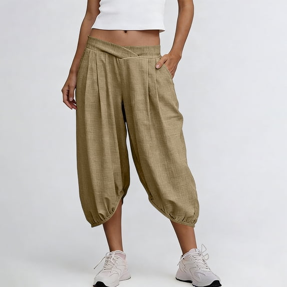 SwiftWear Womens Baggy Wide Leg Capris Cotton Linen Elastic Waisted Harem Capri Pants with Pockets Casual Trousers