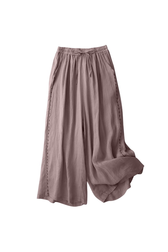 Womens Boho Embroidered Floral Wide Leg Pants with Double Layer Design, High-Waisted Cotton Linen Blend Culottes Vintage Style Flowery Trousers M-2XL