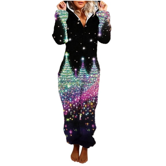 SwiftWear Womens Christmas Print Adult Onesie Pajama Festive Holiday Themed Fleece-Lined Hooded Jumpsuit with Front Zipper, Cozy Long Sleeve Sleepwear for Seasonal Comfort Black A