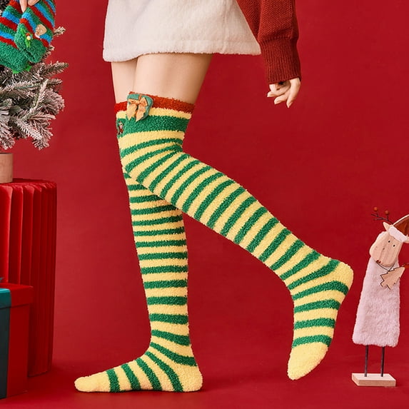 SwiftWear Womens Christmas Thigh High Fuzzy Socks Winter Warm Over Knee High Stockings Cute Cartoon Design Stripe Leg Warmers,Xmas Gifts, Yellow/Green