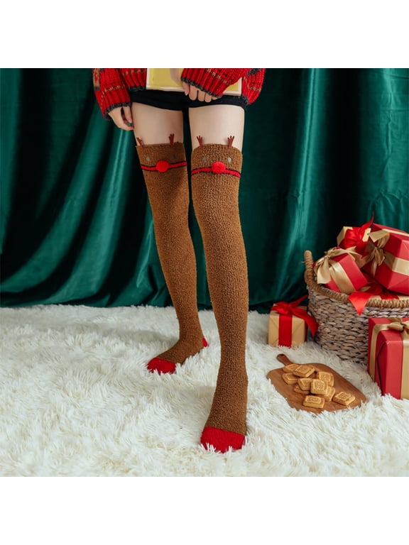 Womens Christmas Thigh High Fuzzy Socks Winter Warm Over Knee High Stockings Cute Cartoon Design Stripe Leg Warmers,Xmas Gifts, Brown