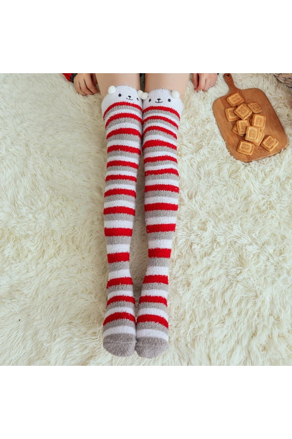 Womens Christmas Thigh High Fuzzy Socks Winter Warm Over Knee High Stockings Cute Cartoon Design Stripe Leg Warmers,Xmas Gifts, Red/White