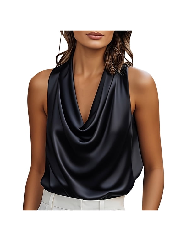 Womens Cowl Neck Halter Tank Tops Silk Satin Going Out Trendy Summer Camisole Business Casual Blouses Outfits Black