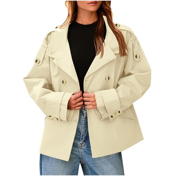 SwiftWear Womens Cropped Trench Coat Oversized Double Breasted Lapel Stand Collar Long Sleeve Short Jacket Fashion Outerwear, Beige