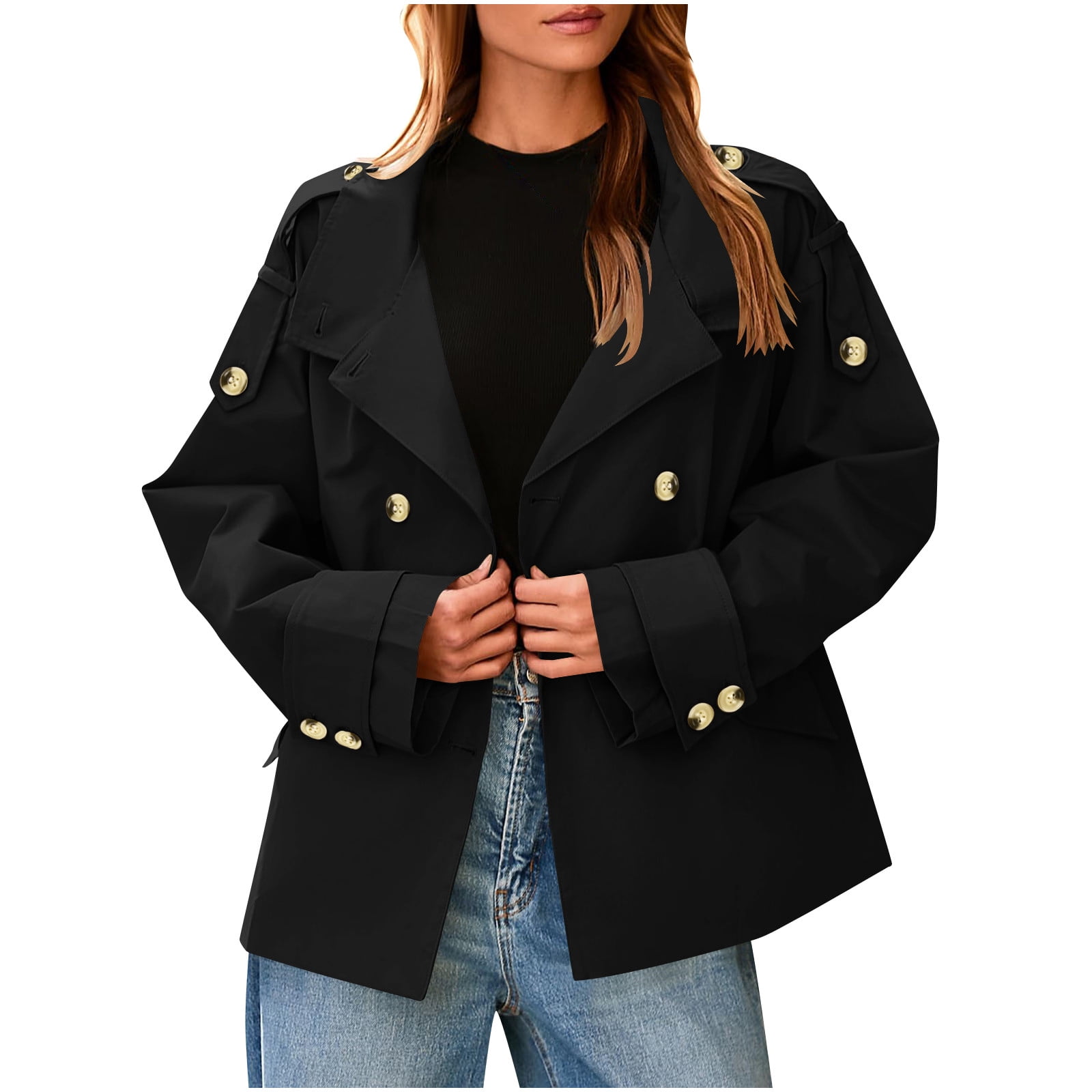 SwiftWear Womens Cropped Trench Coat Oversized Double Breasted