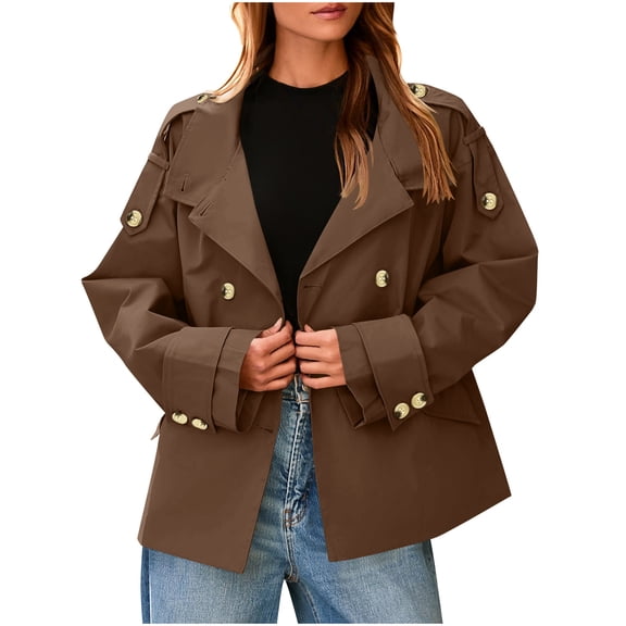 SwiftWear Womens Cropped Trench Coat Oversized Double Breasted Lapel Stand Collar Long Sleeve Short Jacket Fashion Outerwear, Coffee