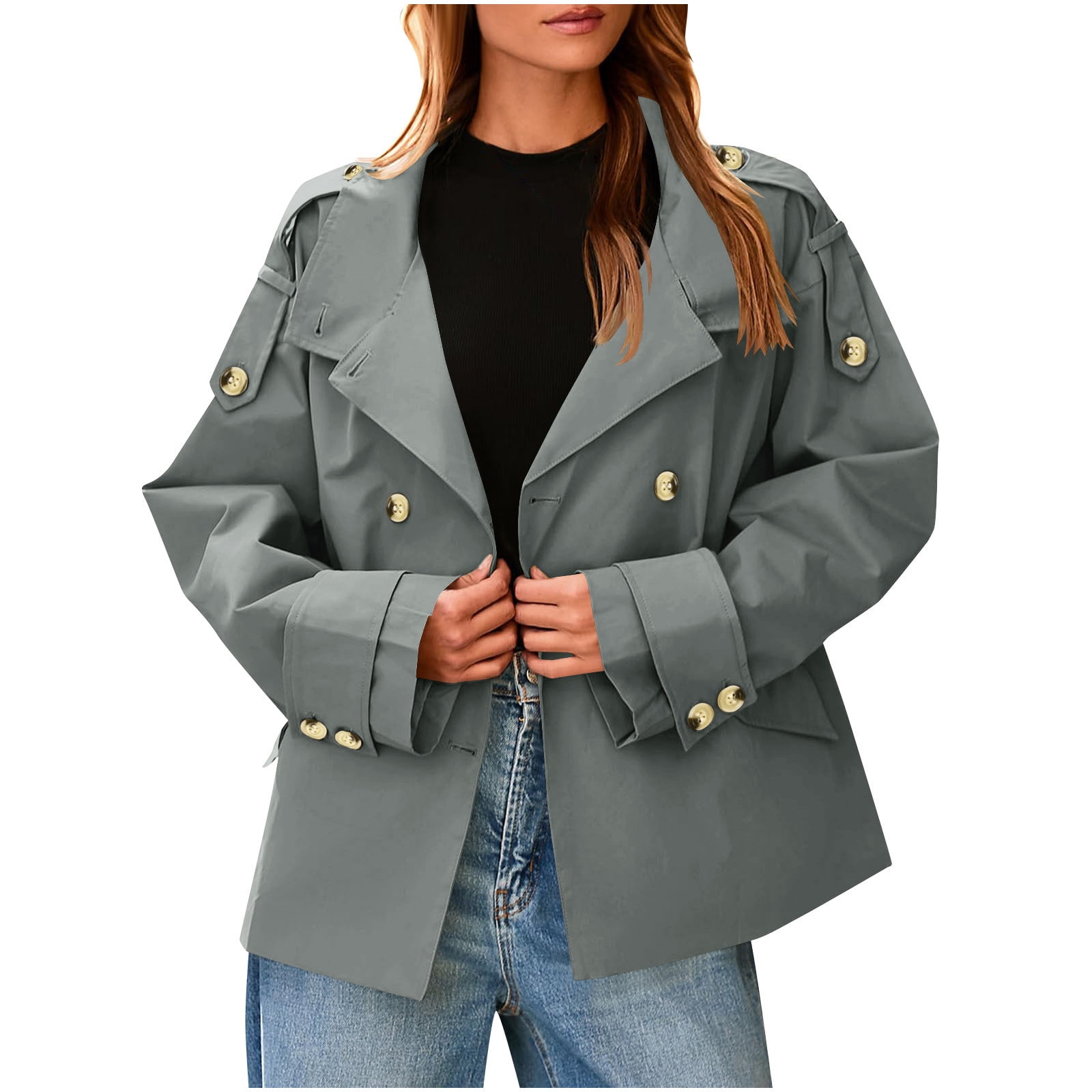 SwiftWear Womens Cropped Trench Coat Oversized Double Breasted