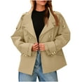 thumbnail image 1 of SwiftWear Womens Cropped Trench Coat Oversized Double Breasted Lapel Stand Collar Long Sleeve Short Jacket Fashion Outerwear, Khaki, 1 of 8