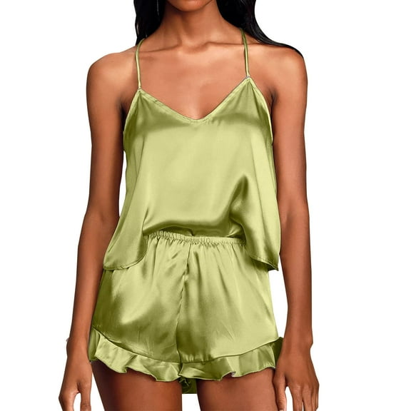 SwiftWear Womens Cute Silk Ruffled Pajamas Set V-Neck Satin Cami & Shorts Sets Sleepwear Pjs for Women Anniversary Gifts