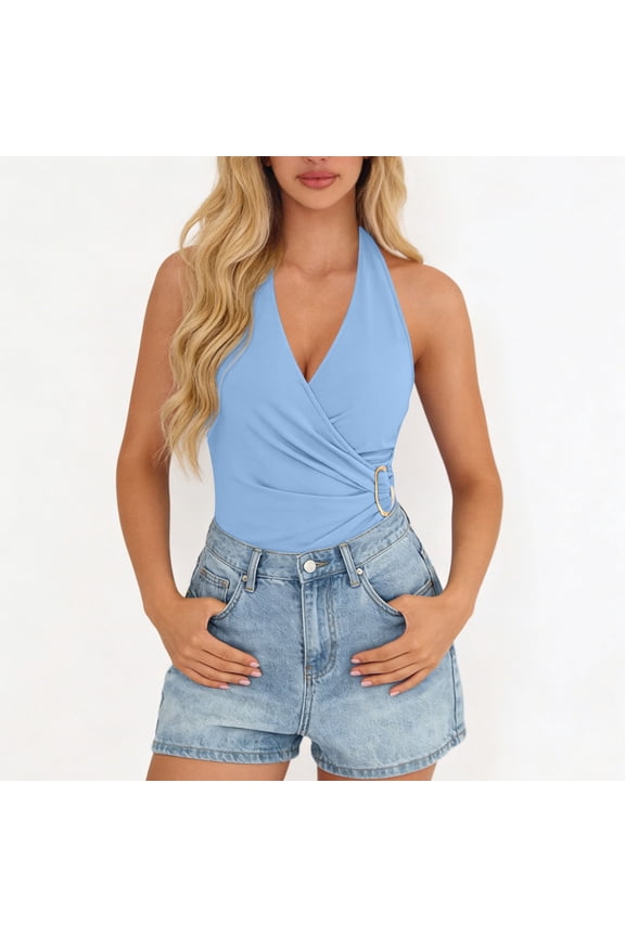 Womens Halter Dressy Tank Tops Double Lined Sleeveless Ruched V Neck Fitted Summer Backless Tops Fashion Clothes