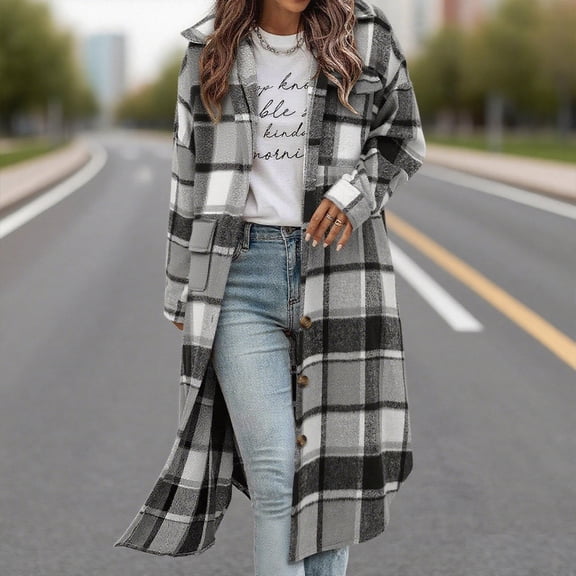 SwiftWear Womens Long Plaid Shacket Casual Fashion Button Down Flannel Shirt Jacket Oversized Lapel Coat with Pockets, Black