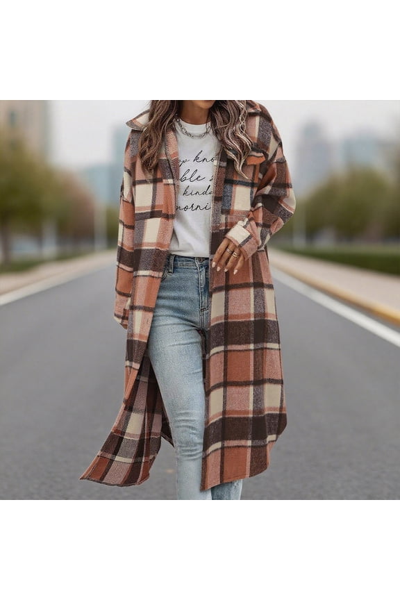 Womens Long Plaid Shacket Casual Fashion Button Down Flannel Shirt Jacket Oversized Lapel Coat with Pockets, Khaki