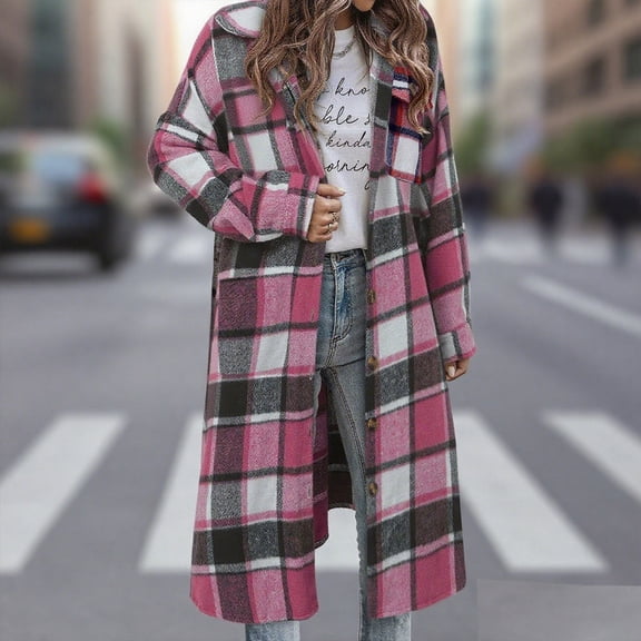 SwiftWear Womens Long Plaid Shacket Casual Fashion Button Down Flannel Shirt Jacket Oversized Lapel Coat with Pockets, Pink