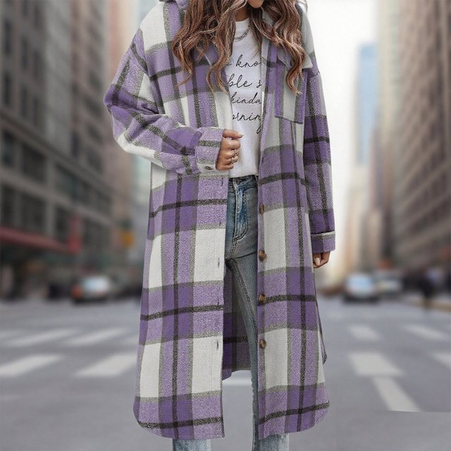 SwiftWear Womens Long Plaid Shacket Casual Fashion Button Down Flannel Shirt Jacket Oversized Lapel Coat with Pockets, Purple