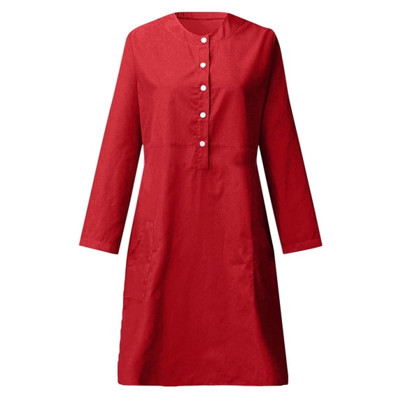 SwiftWear Womens Long Sleeve Button Front Cotton Linen Mid-Dress - Plus Size M-5XL | Casual Pocket Design | Relaxed Fit 