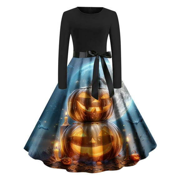 SwiftWear Womens Long Sleeve Cocktail Swing Dress Skeleton Pumpkin Printed Halloween A-line Dresses Cosplay Party Costume