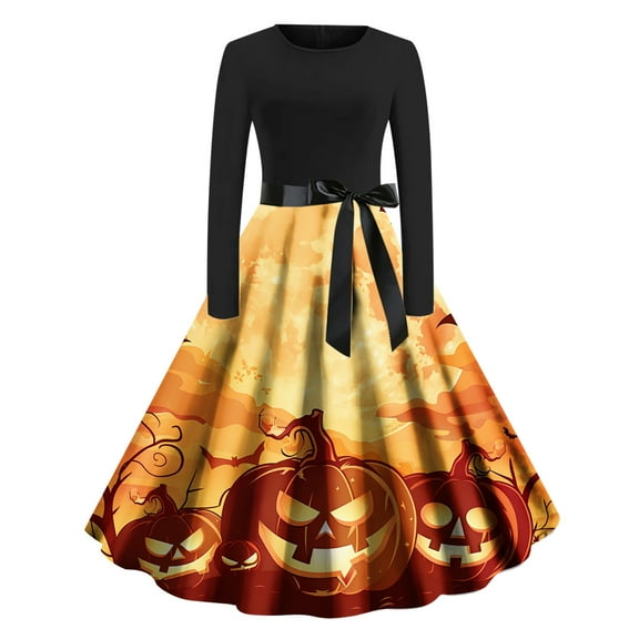 SwiftWear Womens Long Sleeve Cocktail Swing Dress Skeleton Pumpkin Printed Halloween A-line Dresses Cosplay Party Costume