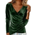 thumbnail image 1 of SwiftWear Womens Long Sleeve Velvet Tops Collared Cross Wrap V Neck Ruched Trendy Dressy Casual Shirts Elegant Blouses with Button Detail Army Green, 1 of 7