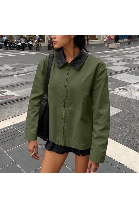 Womens Loose Casual Jackets Vintage Zip Up Lightweight Barn Coats Outfits for Spring Fall, Army Green