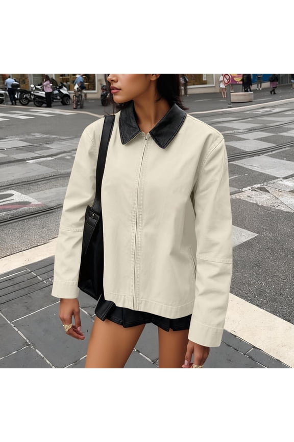 Womens Loose Casual Jackets Vintage Zip Up Lightweight Barn Coats Outfits​ for Spring Fall, Beige