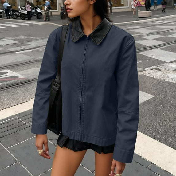 SwiftWear Womens Loose Casual Jackets Vintage Zip Up Lightweight Barn Coats Outfits for Spring Fall, Navy