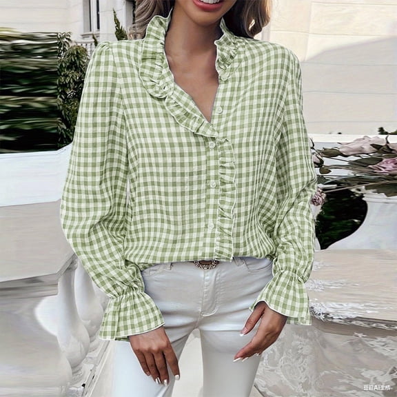 SwiftWear Womens Plaid Peasant Blouse Button Down Ruffle Mock Neck Puff Long Sleeve Shirts Casual Tops Trendy Army Green