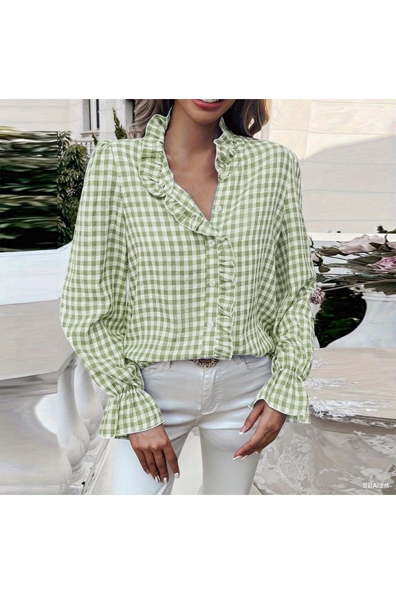 Womens Plaid Peasant Blouse Button Down Ruffle Mock Neck Puff Long Sleeve Shirts Casual Tops Trendy Army Green