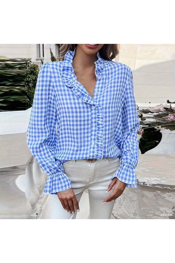 Womens Plaid Peasant Blouse Button Down Ruffle Mock Neck Puff Long Sleeve Shirts Casual Tops Trendy Blue