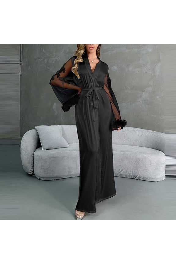 Womens Satin Bridal Robe with Feather Sleeves - Deep V-Neck Lace Trim Nightgown, Sheer Bell Sleeve & Tie Waist for Wedding, Black