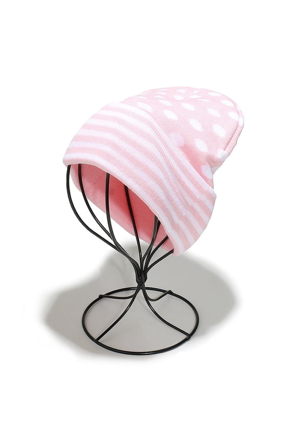 Womens Striped & Polka Dot Ear Flap Beanie Winter Knit Hat with Jacquard Pattern, Warm Textured Slouchy Hat for Cold Weather