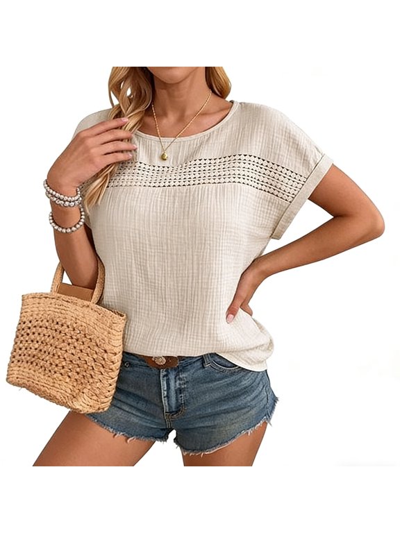 Womens Summer Tops Short Sleeve Hollow Out T-Shirts Crewneck Casual Cute Loose Fit Blouses