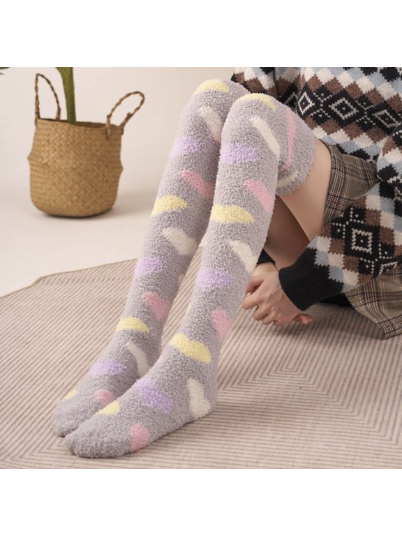 Womens Thigh High Fuzzy Socks Warm Winter Over Knee High Heart Print Fluffy Cozy Fleece Socks, Gray