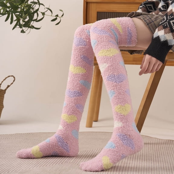 SwiftWear Womens Thigh High Fuzzy Socks Warm Winter Over Knee High Heart Print Fluffy Cozy Fleece Socks, Pink