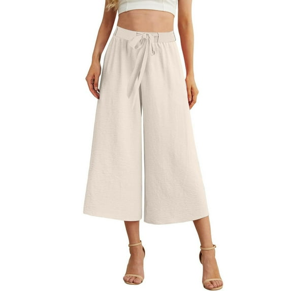 SwiftWear Womens Trendy Wide Leg Capri Pants with Drawstring Waist - Solid Color Loose Fit Cropped Trousers Casual Comfort S-2XL