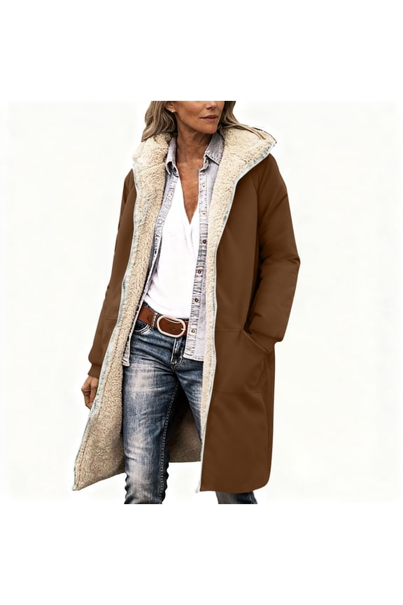 Womens Winter Long Coats Trendy Plush Fleece Sherpa Lined Jacket Casual Oversized Outerwear with Hood