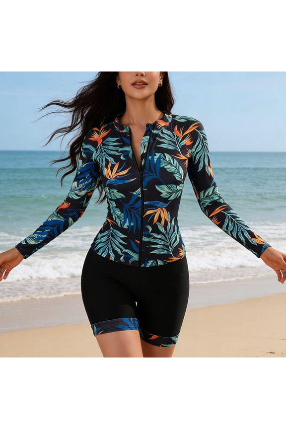 Womens Zip Up Long Sleeve Rash Guards with Shorts Two Piece Bathing Suit Sun Protection Athletic Surfing Swimsuit