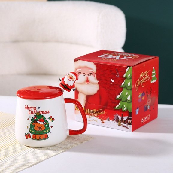 Swiftyle 1-3 Counts Christmas Decorations Cute Christmas Gift Mug With Lid And Spoon Santa Claus And Reindeer Ceramic Mug As A Gift.