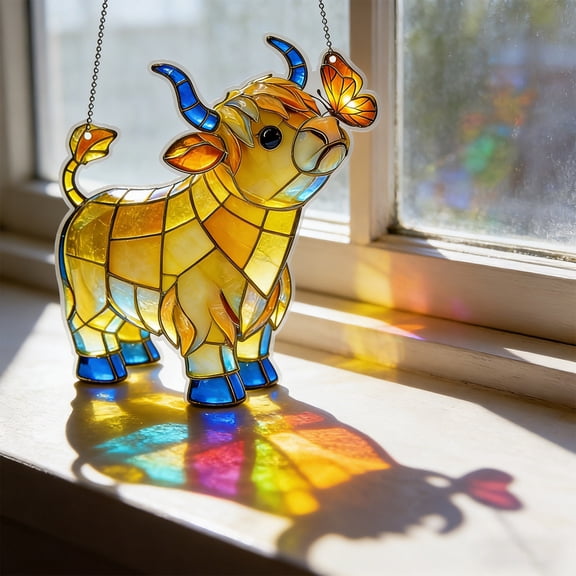 Swiftyle 1 Pcs Acrylic Cattle Suncatcher Window Decor Stained Glass Style Light Filtering Hanging Ornament For Home Garden Patio Decoration(20cm)