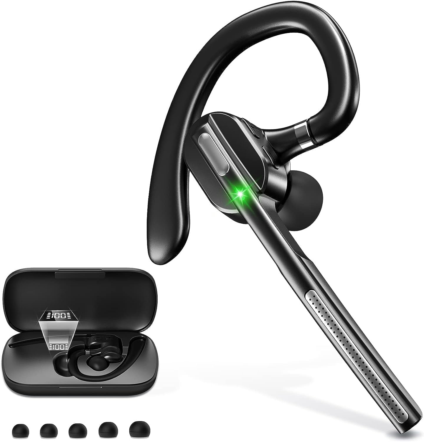 Swiifome Bluetooth Headset V5.1 Wireless Earpiece with Charging Case, Noise Canceling Mic, Battery Display for Phone & PC